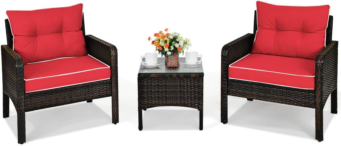 COSTWAY 3PCS Patio Furniture Set, Outdoor Wicker Cushioned Sofa Set with Coffee Table, All Weather Rattan Conversation Set for Garden Balcony Backyard Poolside Lawn, Red