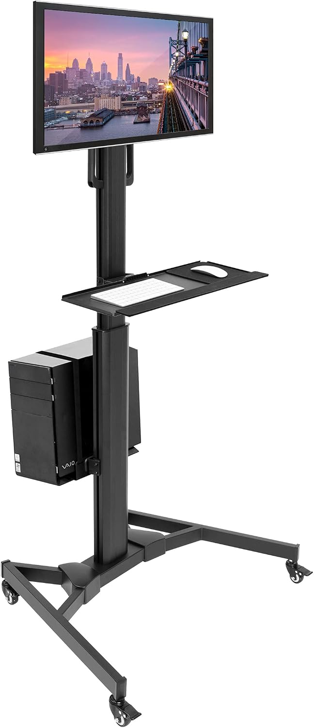 Mount-It! Computer Cart Mobile Desk Workstation with Monitor Mount for Screen up to 32', Rolling Computer Desk PC Cart, Keyboard & Mouse Tray, Rolling Stand with Adjustable CPU Holder, 63.5' Tall