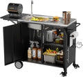 Outdoor Grill Table with Sink, Metal Worktable Kitchen Cabinet Island w/ 304 Stainless Steel Sink, Foldable Top and Storage Cabinet, Rolling Grill Cart with Wheels for Garden, Backyard and Lawn