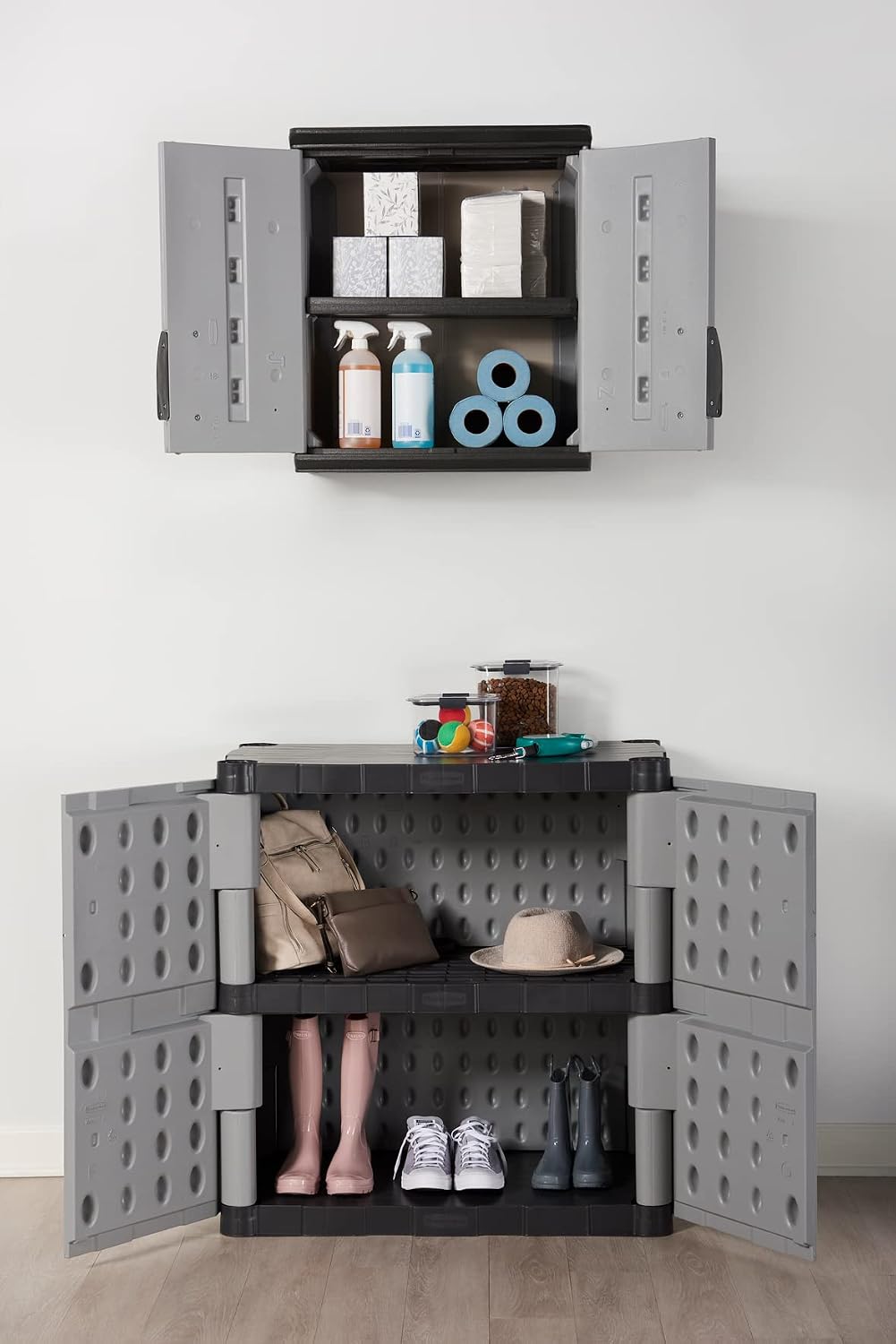 Rubbermaid Wall Mounted Storage Cabinet with Doors 150-Pound Capacity Gray Lockable Three-Shelf Cubbard for Tools/Car Accessories/Cleaning in Home/Garage/Outdoor Areas