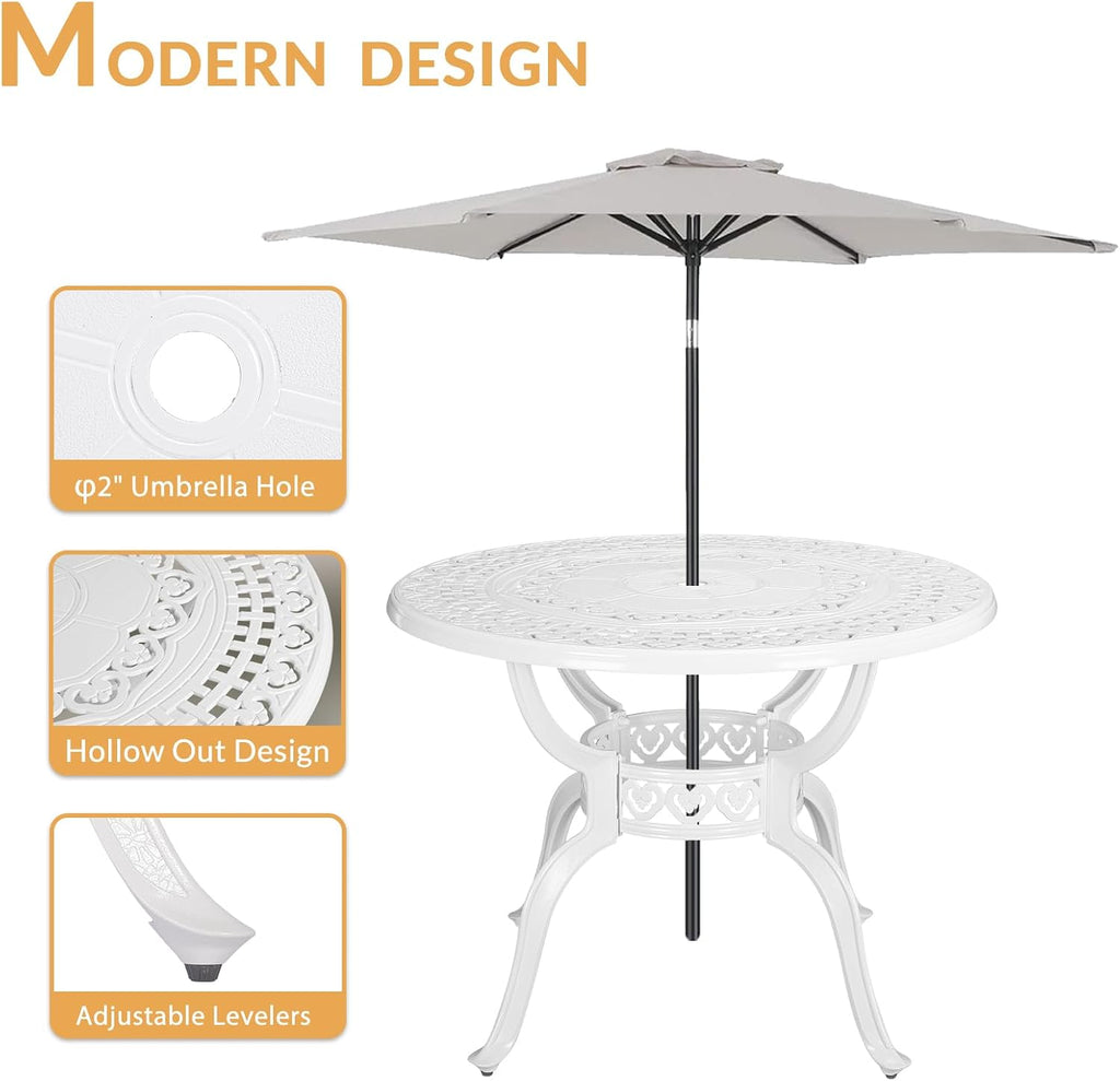 5-Piece Outdoor Patio Dining Set, All-Weather Cast Aluminum Patio Furniture Set for Backyard Garden Deck with 4 Chairs, 4 Cushions and 38.5' Round Table, 2.2' Umbrella Hole, White