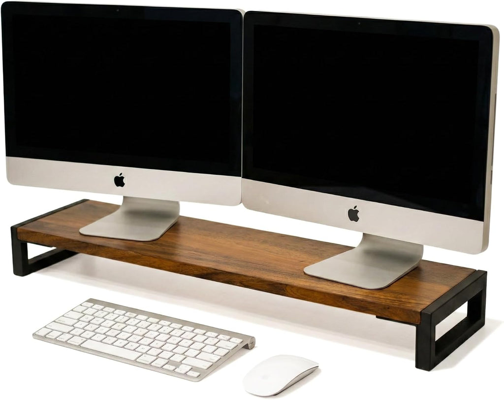 Dual Monitor Stand Riser for Desk – 40' Wide Walnut Solid Wood Desk Riser with Metal U-Legs, Scratch-Resistant, Hassle-Free Assembly
