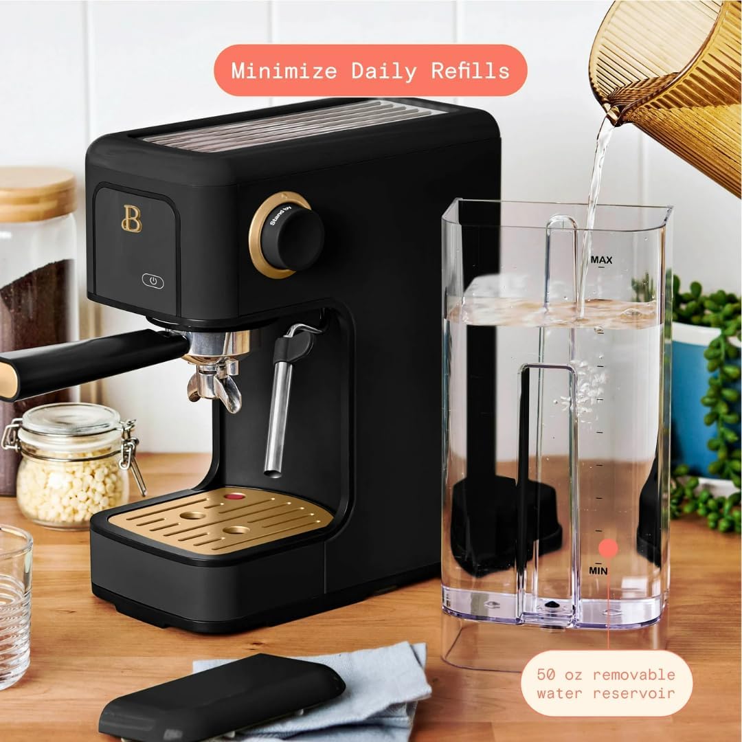 Slim Espresso Maker – 20‑Bar Pressure, Dual‑Spout 52 mm Portafilter, 50 oz Removable Tank, 2‑in‑1 Steam Wand & Touch Controls (Black Sesame)
