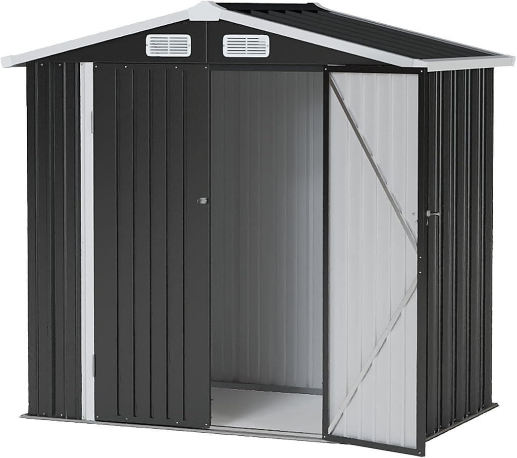 6x4FT Outdoor Storage Shed, Metal Garden Tool Shed with Sloping Roof & Lockable Door for Patio Lawn Backyard (Black, 6x4FT)