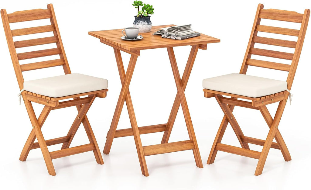 HAPPYGRILL 3-Piece Folding Bistro Set Acacia Wood Patio Furniture Set with Seat Cushions, Outdoor Square Table and Chairs Set of 2 for Backyard, Balcony, Porch, Garden (Back Style A)