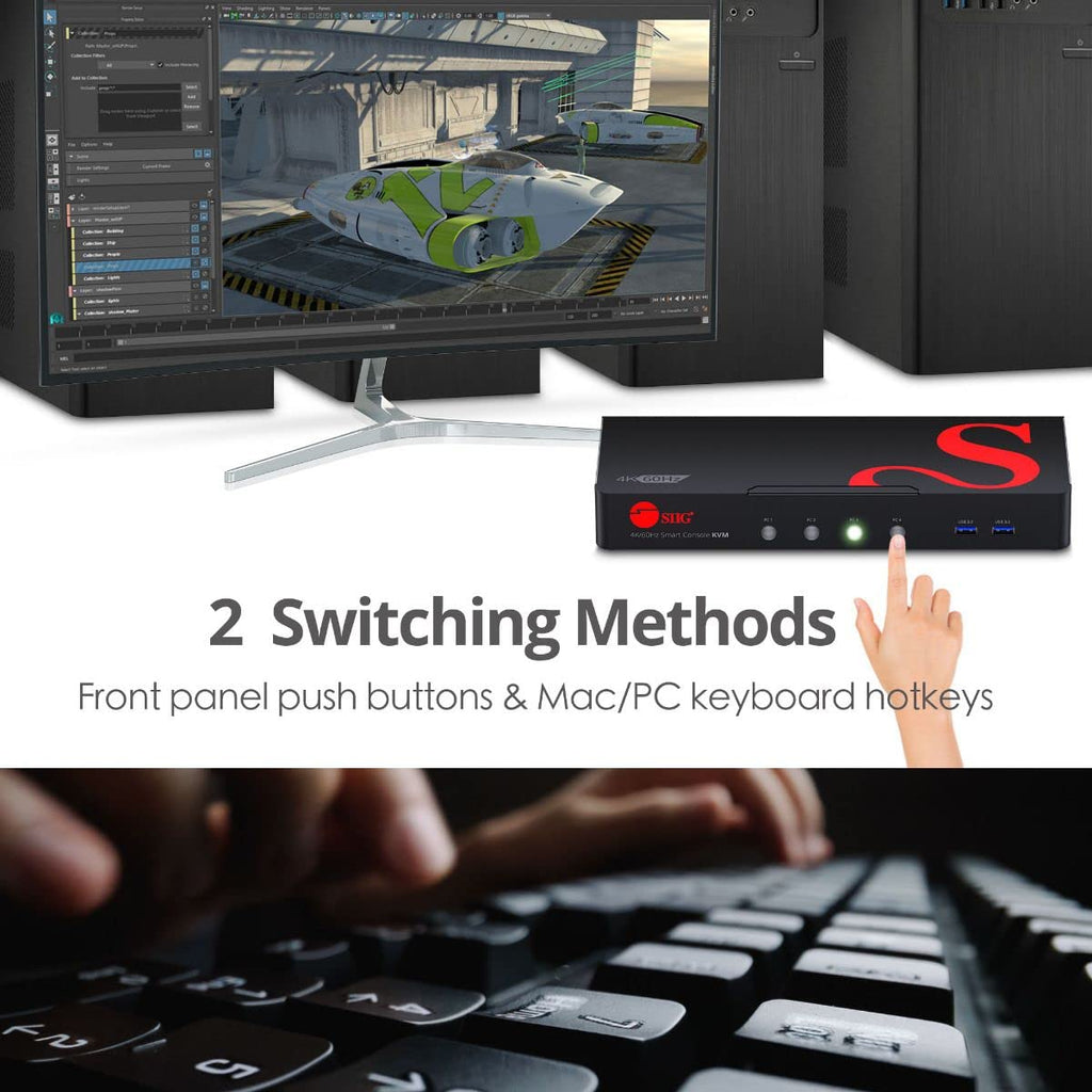 SIIG 4K DisplayPort 4-Port KVM Switch with Audio and Microphone, DP 1.2 4K60, USB 3.0 x4, USB 2.0 x2, Cables Included, Hotkey Control, TAA Compliant, ESD Protection, Metal housing (CE-DP0G11-S1)