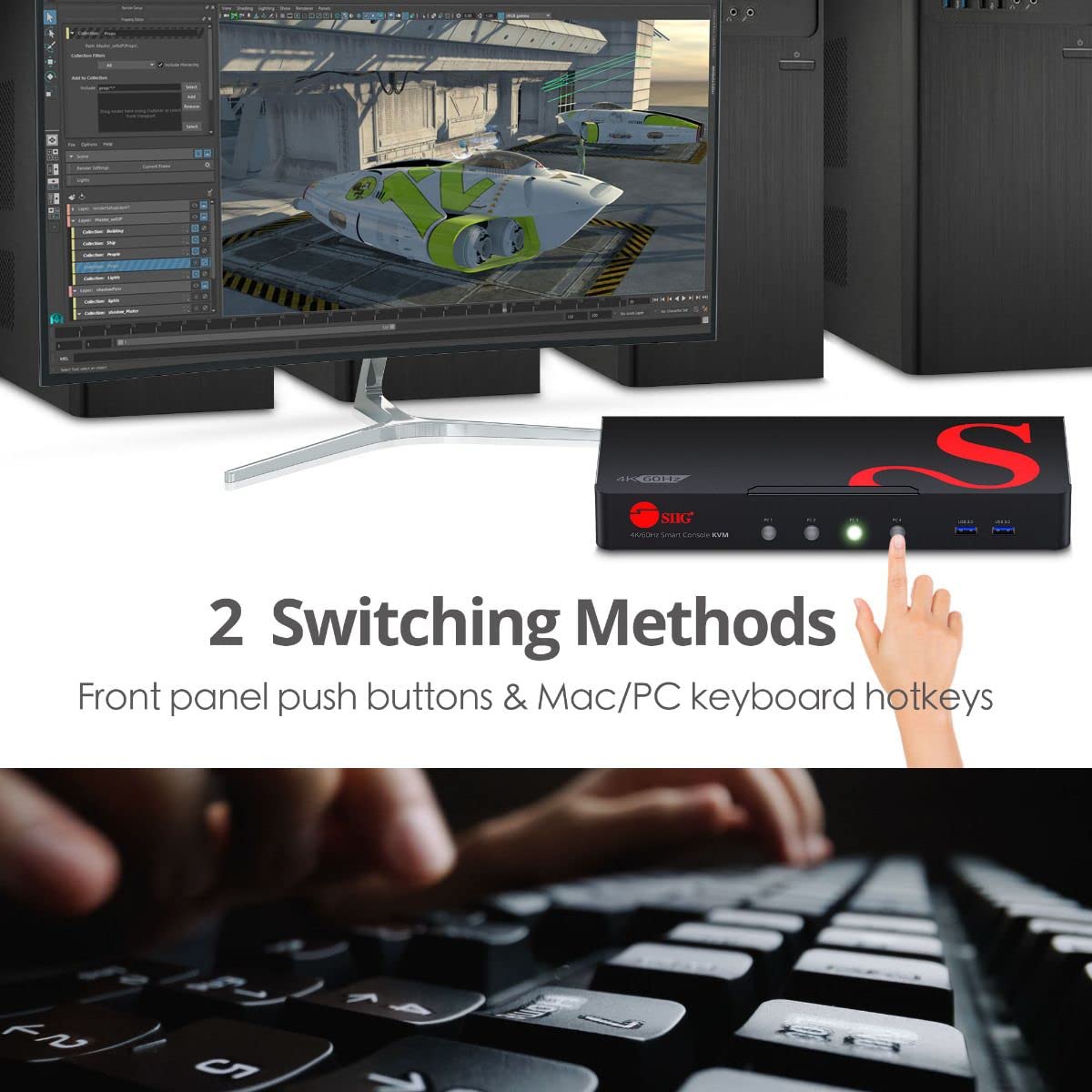 SIIG 4K DisplayPort 4-Port KVM Switch with Audio and Microphone, DP 1.2 4K60, USB 3.0 x4, USB 2.0 x2, Cables Included, Hotkey Control, TAA Compliant, ESD Protection, Metal housing (CE-DP0G11-S1)