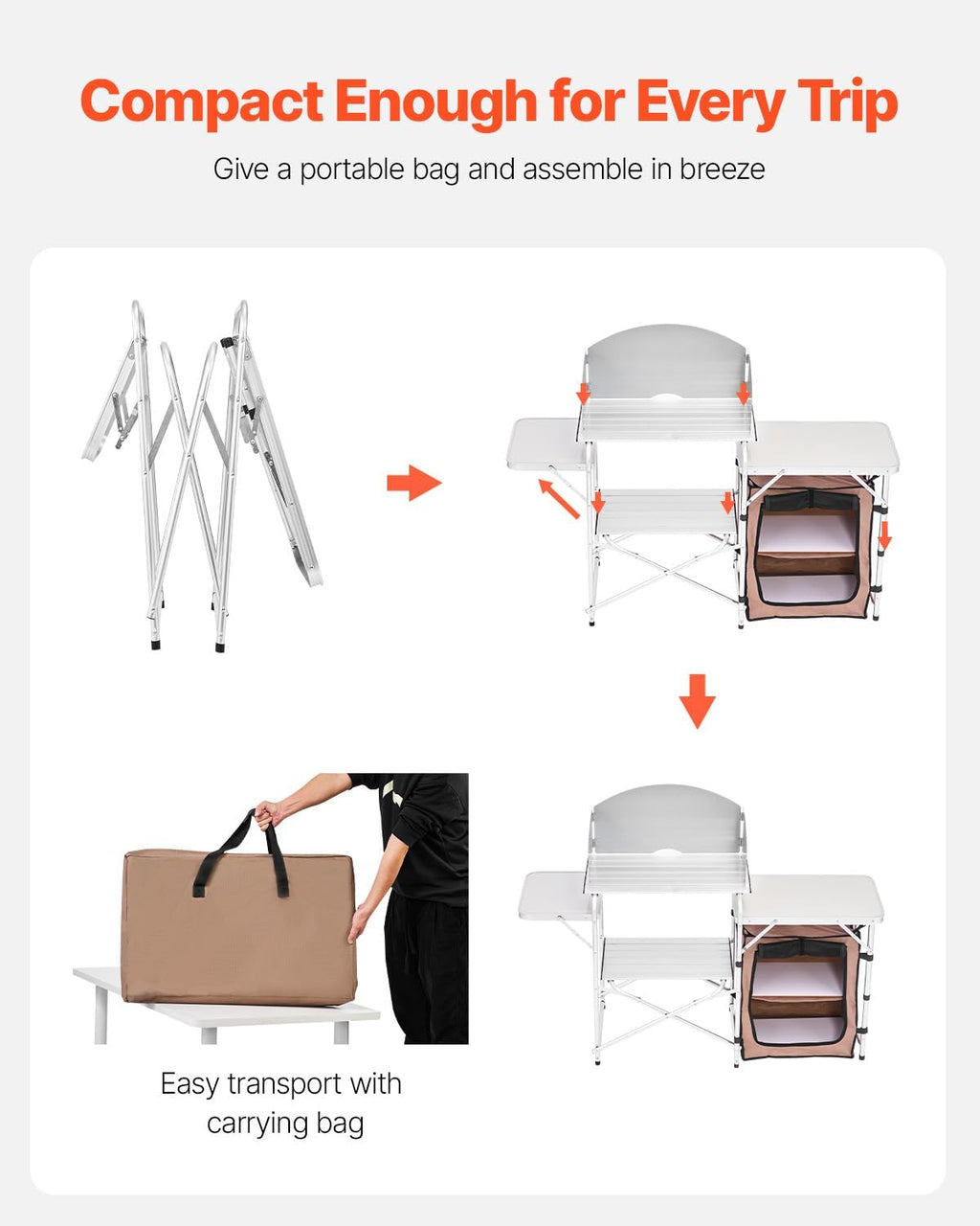 VEVOR Camping Kitchen Table, Folding Outdoor Cooking Table with Storage Carrying Bag, Aluminum Cook Station 1 Cupboard & Detachable Windscreen, Quick Set-up for Picnics, BBQ, RV Traveling, Brown