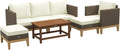 Outsunny Wooden Patio Furniture Set with Thick Padded Cushions, 5-Piece PE Rattan Sectional Sofa with Acacia Wood Top Coffee Table, Outdoor Conversation Set, Cream White