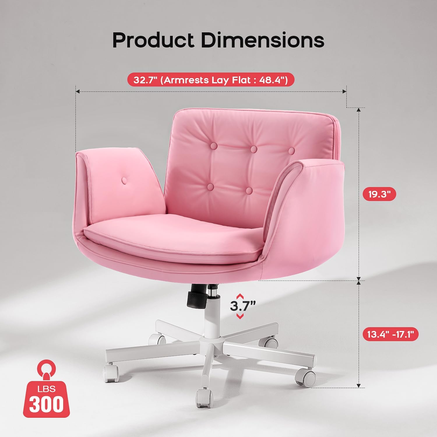 amseatec Criss Cross Office Chair, PU Leather Vanity Chair with 5-Level Adjustable Armrests & Swivel, Ergonomic Criss Cross Chair for Home Office Bedroom Makeup（Pink）