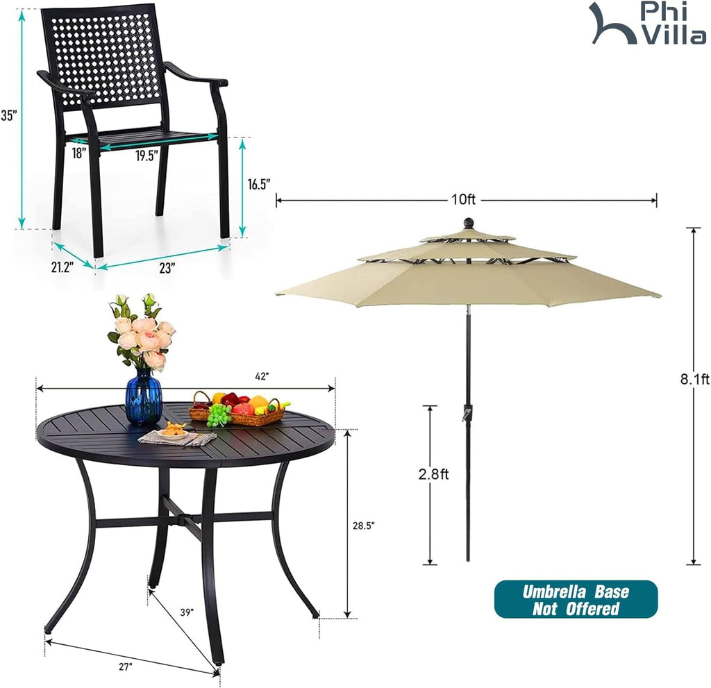 PHI VILLA 5 Pieces Outdoor Dining Set for 4 with Umbrella, 42' Large Round Metal Steel Table & Stackable Iron Chairs with Cushions & 10ft Beige Umbrella, Modern Furniture for Patio, Deck, Yard, Porch