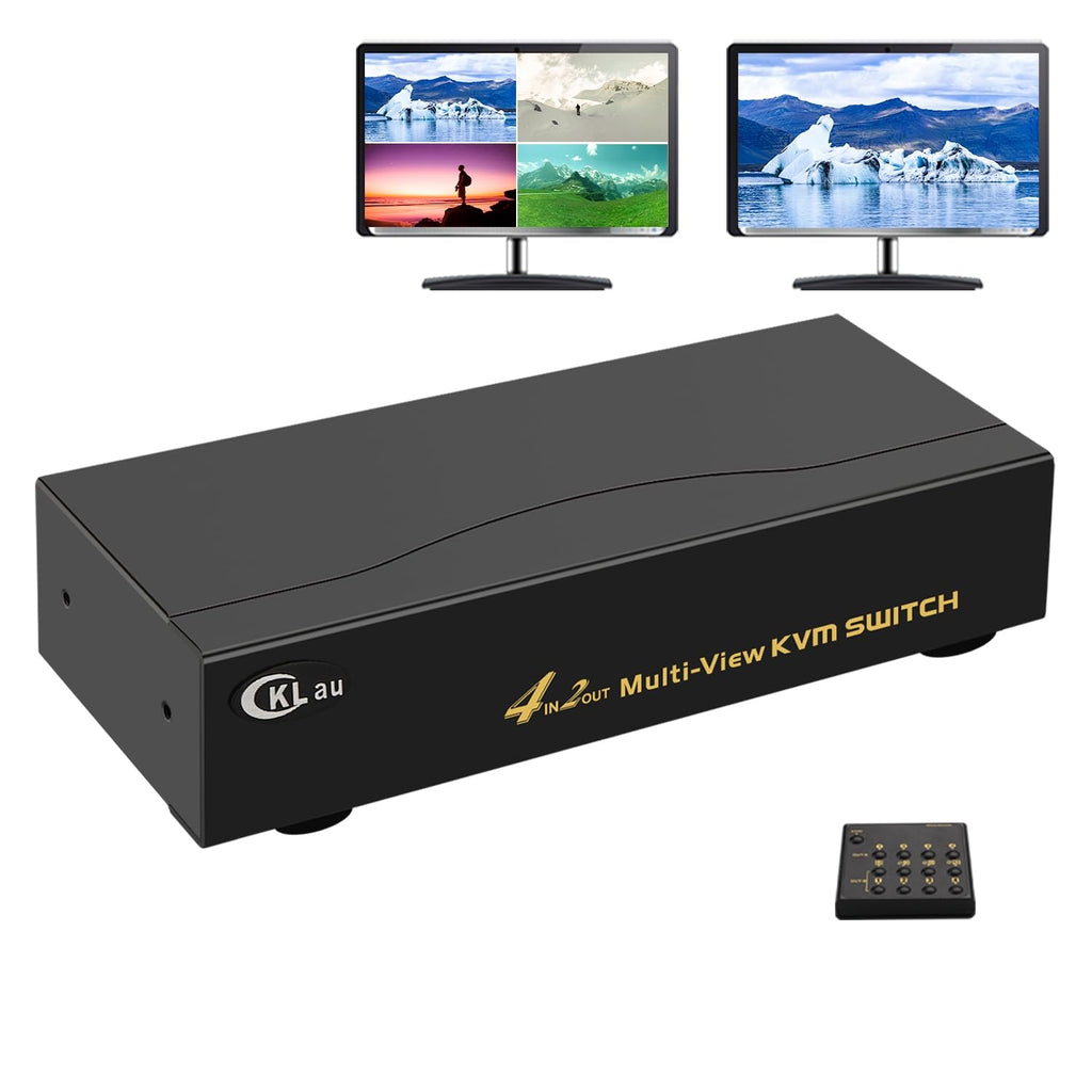 4 Port Multi-View KVM Switch HDMI, HDMI Split KVM Switcher with Cables, Audio and 2 USB 3.0 Hub Supports Single-Screen, Dual-Screen, Quad-Screen Modes, Split and PIP Function, 4K30Hz