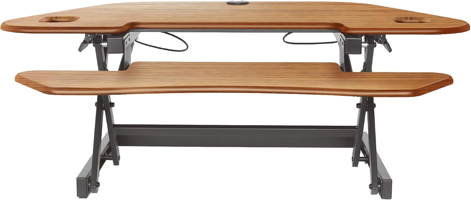 Rocelco 46' Large Height Adjustable Corner Standing Desk Converter - Quick Sit Stand Up Dual Monitor Riser - Gas Spring Assist Computer Workstation - Wide Keyboard Tray - Teak Wood Grain (R CADRT-46)