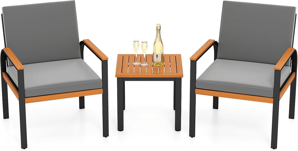 Tangkula 3 Pieces Patio Furniture Set, Outdoor Cushioned Conversation Chairs Set with Acacia Wood Side Table, for Porch, Balcony and Garden