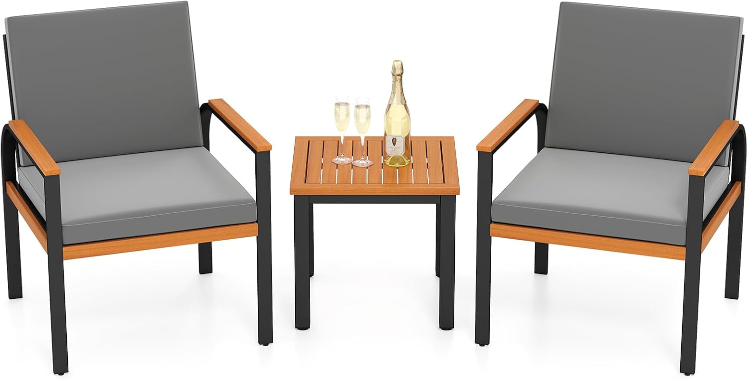 Tangkula 3 Pieces Patio Furniture Set, Outdoor Cushioned Conversation Chairs Set with Acacia Wood Side Table, for Porch, Balcony and Garden