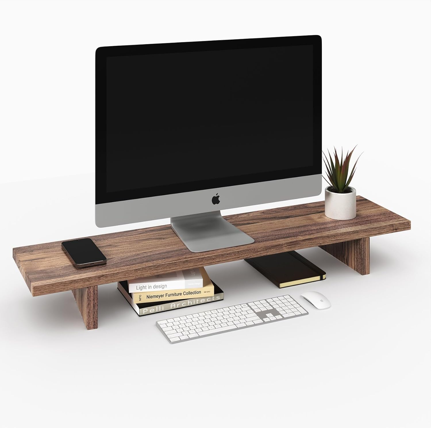 Desky Minimal Monitor Stand – Ergonomic Wood Riser for Single or Dual Monitors, Desk Shelf Organizer to Elevate Screen Height – Natural Walnut Hardwood