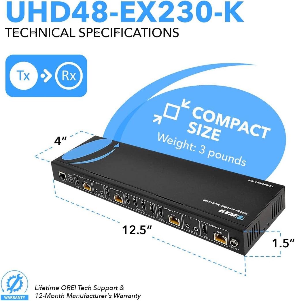 OREI 4K 4x4 HDMI Extender Matrix - UltraHD 4K @ 60Hz 4:4:4 Over Single CAT5e/6/7 Cable with HDR Switcher & IR Control, RS-232 - Up to 230 Ft - 1080P Downscale - 4 x Loop Out - 4 Receivers Included