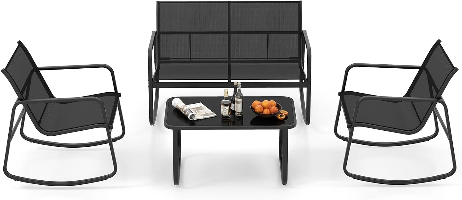 Tangkula 4 Piece Rocking Patio Furniture Set, 2 Rocking Chairs & Loveseat with Glass-Top Table, Patio Rocking Set with Smooth Rocking Motion, Outdoor Rocker Conversation Set for Porch, Yard (1, Black)