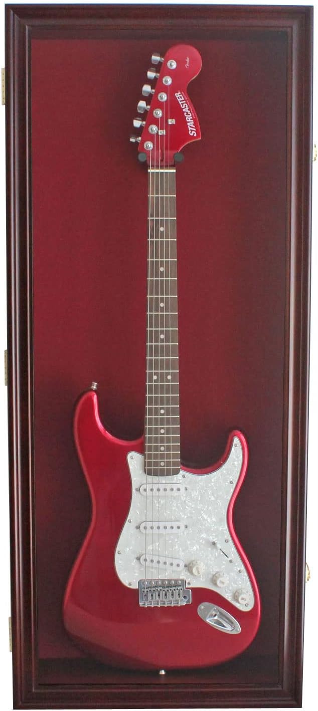 DisplayGifts 42' Electric Guitar Display Case Cabinet Shadow Box with Guitar Hanger Stand, Lockable UV Protection Red Felt Interior with Mahogany Finish Frame