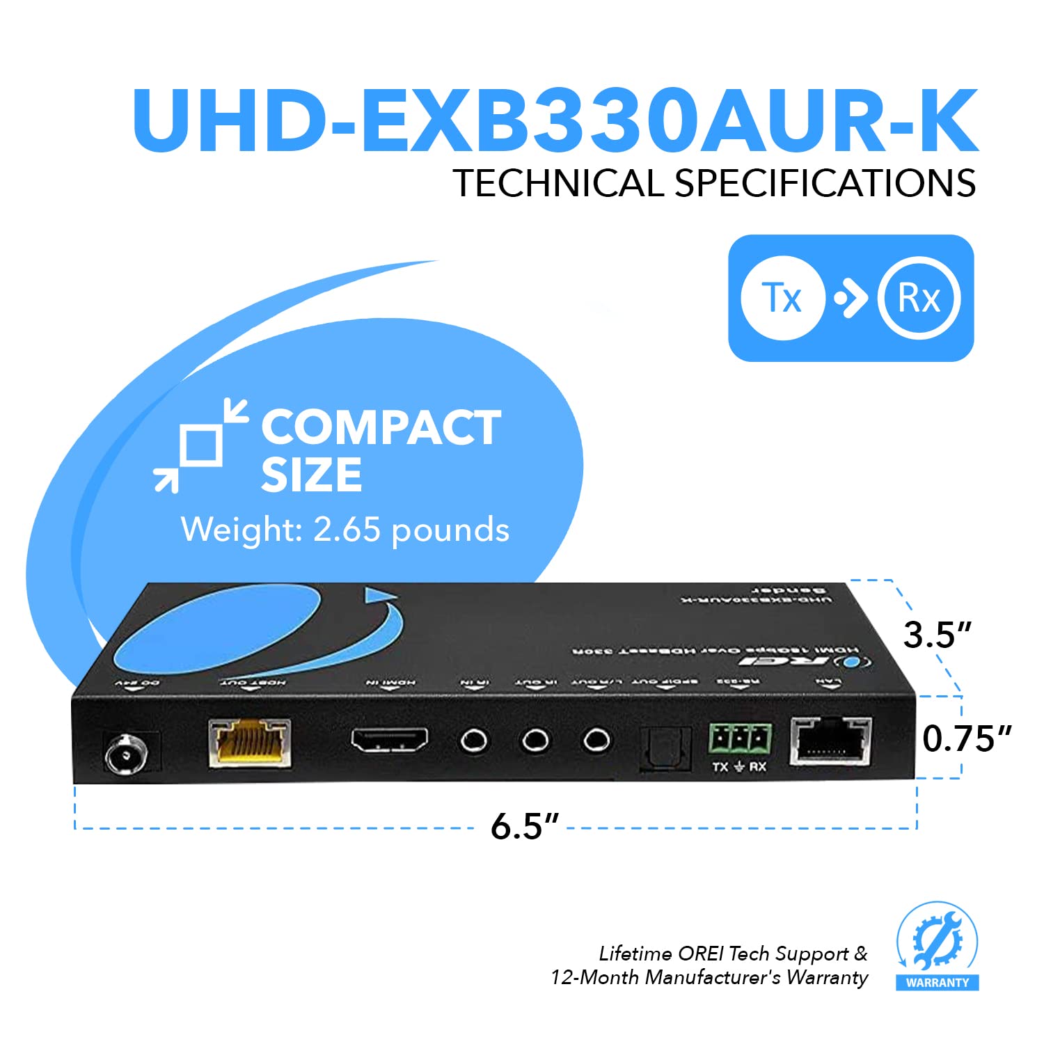 OREI 4K HDMI Extender Balun- HDBaseT UltraHD 4K 60Hz 4:4:4 over Single CAT5e/6/7 Cable with HDR, KVM, CEC, ARC , IR Support, RS-232 - upto 330 Ft