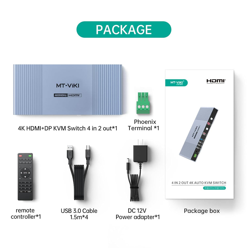 MT-VIKI Seamless 4x2 HDMI Matrix KVM Switch, HDMI+DP KVM Switch for 4 Computers 2 Monitors, 4K@60Hz/2K@144Hz, 3.5mm Audio Ouput, Support Mouse Switching+ Hotkey