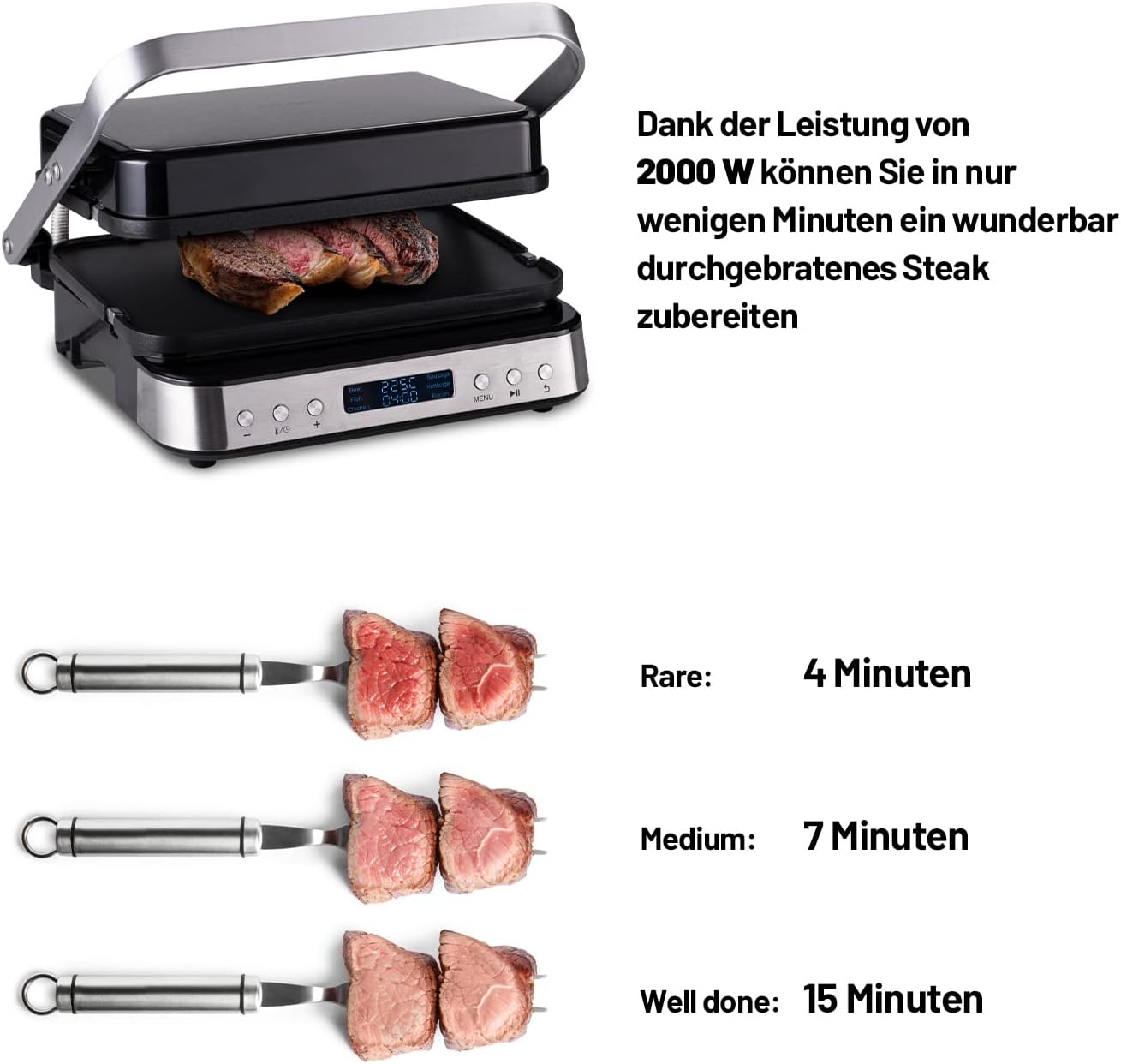 Lauben Contact Grill Deluxe 2000ST Table Contact Grill with 6 Automatic Programmes, Removable Plates, LED Display, Memory Function, Drip Tray, Dishwasher Safe