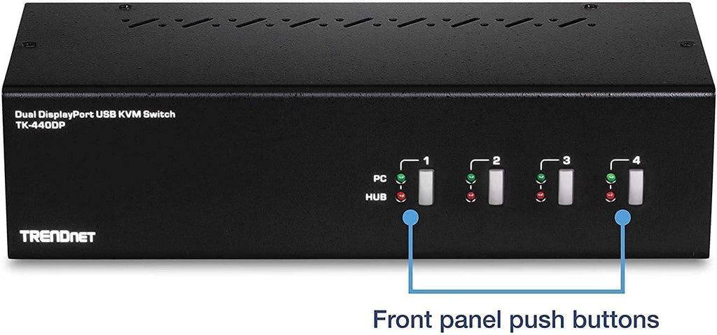 TRENDnet 4-Port Dual Monitor DisplayPort KVM Switch With Audio, 2-Port USB 2.0 Hub, 4K UHD Resolution Up To 3840 x 2160, Connect 4 DisplayPort Monitors, Dual Monitor 4 Port KVM Switch, Black, TK-440DP