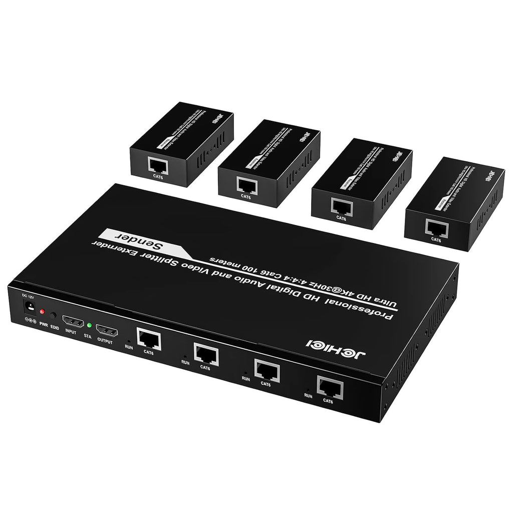 HDMI Extender Splitter 1 x 4, JCHICI 4K@30Hz 100M(328fts) HDMI Splitter with Loopout and EDID Copy Function, Lossless Transmission and Zero Latency, Support 3D