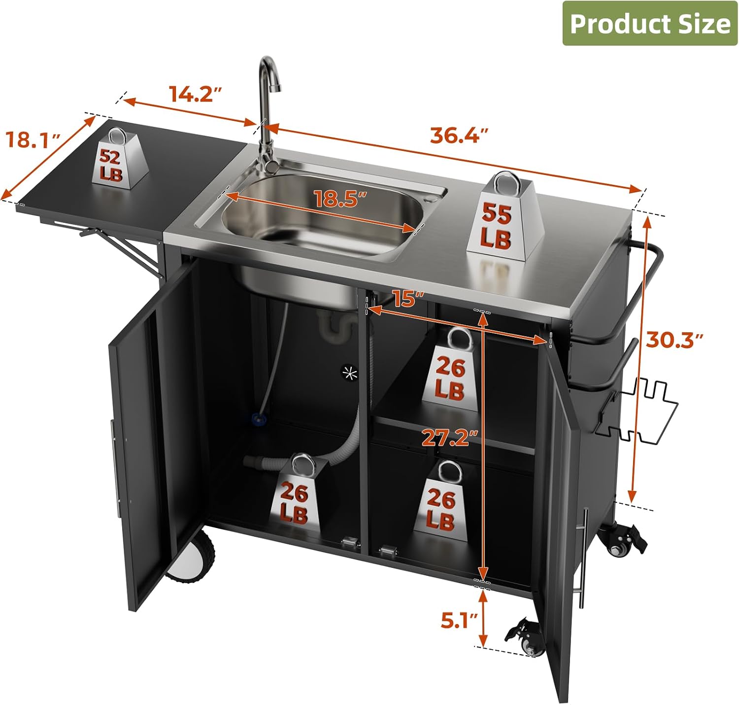 Outdoor Grill Table with Sink, Metal Worktable Kitchen Cabinet Island w/ 304 Stainless Steel Sink, Foldable Top and Storage Cabinet, Rolling Grill Cart with Wheels for Garden, Backyard and Lawn