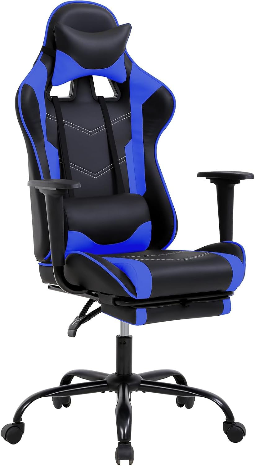 Ergonomic Gaming Chair with Footrest, High Back PU Leather Office Desk Chair for Adults Teens, Rolling Swivel Computer Chair (Blue)
