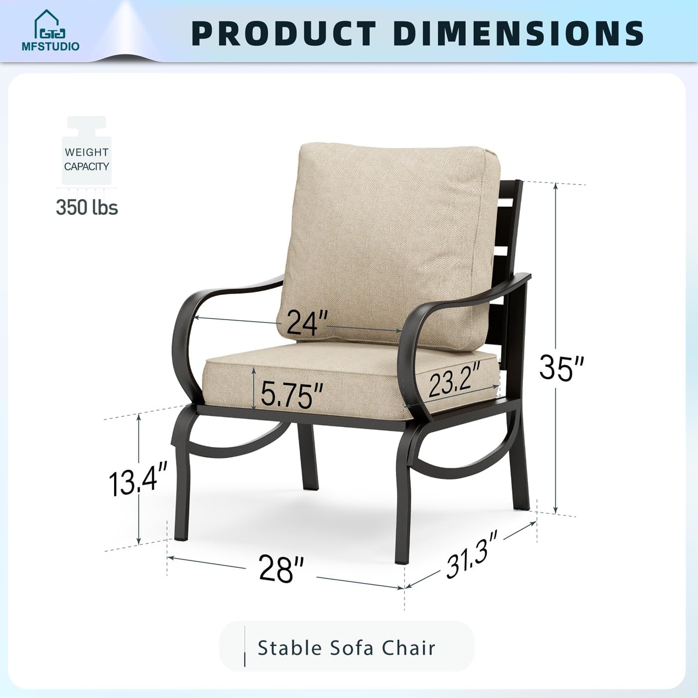 MFSTUDIO Metal Patio Conversation Sets, Outdoor Furniture Sofas Set of 2, 2 Pieces Durable Steel Frame Patio Chairs with 5.8' Beige Cushions for Patio Garden Backyard Balcony