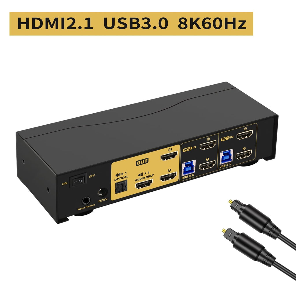 2 Port HDMI KVM Switch 2 Monitors 8K@60Hz 4K@144Hz with Cables Supports Emulation EDID, Hotkey Switching, 5.1 Digital Fiber Optical and 7.1 Surround Sound Audio Output
