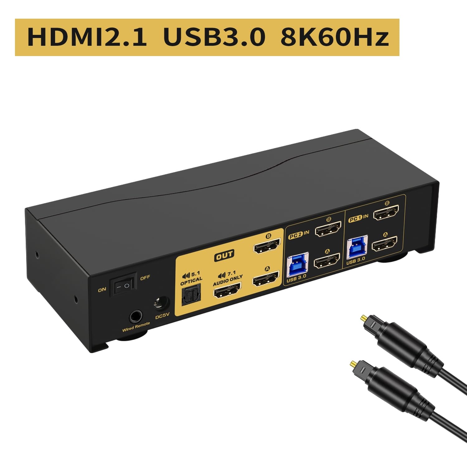 2 Port HDMI KVM Switch 2 Monitors 8K@60Hz 4K@144Hz with Cables Supports Emulation EDID, Hotkey Switching, 5.1 Digital Fiber Optical and 7.1 Surround Sound Audio Output