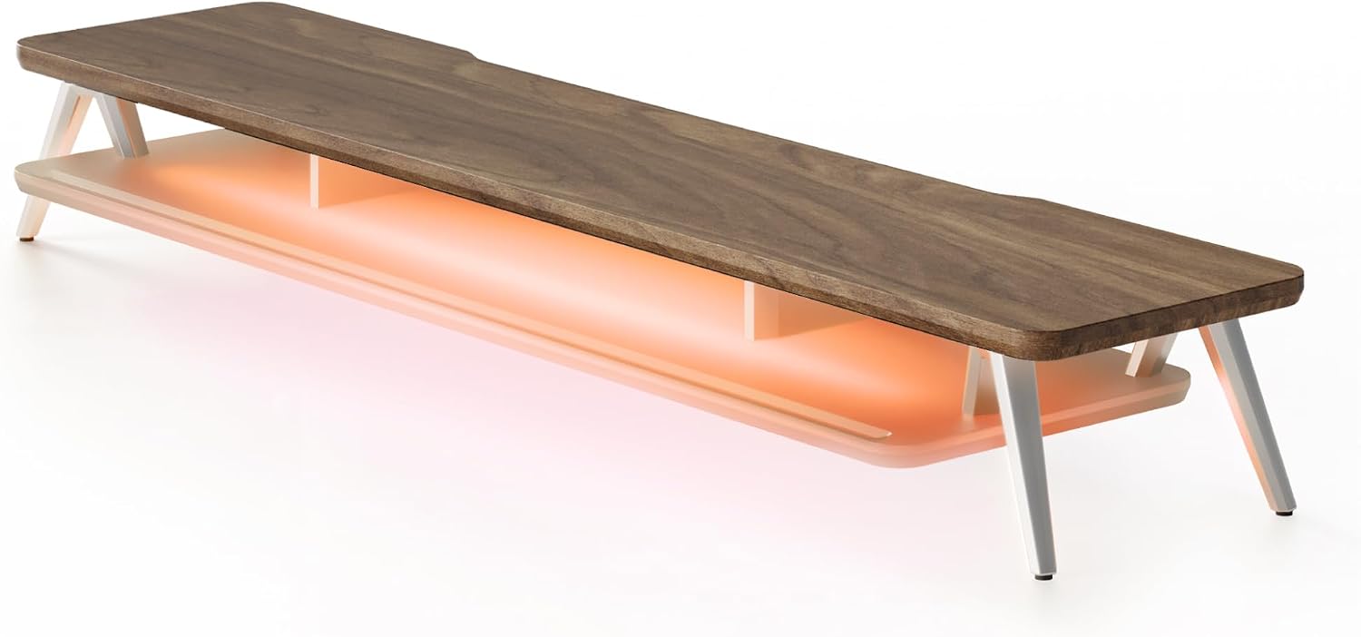 Fenge Dual Monitor Stand, 2 Tiers Acrylic Monitor Riser with LED Lights, 42.5 Inch Wood and Aluminum Desk Shelf with Phone and Tablet Holder