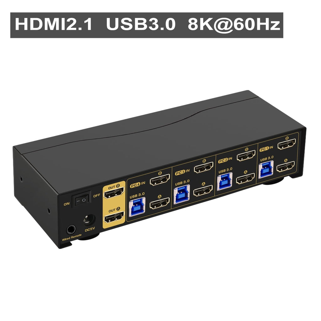 4x2 USB 3.0 HDMI KVM Dual Monitor Switch 4 Computers 2 Monitors with Cables,Audio, Mircophone, Digital Display Supports 8K@60Hz, 4K@144Hz, Emulation EDID, Hotkey Switching, CKLau-942Hua-5