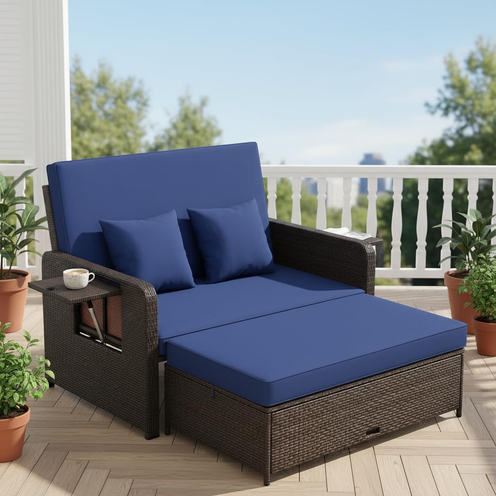 Tangkula Patio Rattan Daybed with 4-Level Adjustable Backrest, Outdoor PE Wicker Loveseat with Storage Ottoman & Folding Side Tray, Double Sunbed Lounger for Balcony, Backyard & Poolside, Navy & Brown