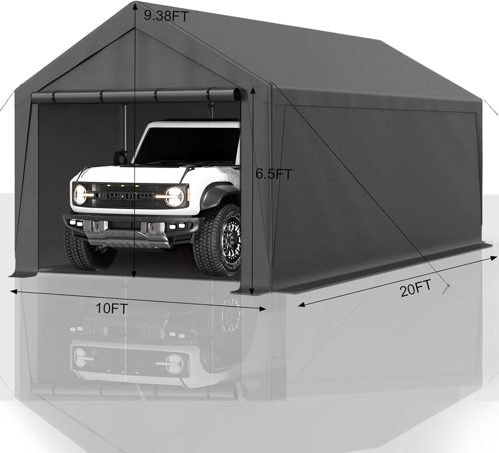 Carport 10x20 Ft Heavy Duty Canopy Steel Canopy Storage Shed,Portable Garage Party Tent,Portable Garage with Removable Sidewalls & Doors All-Season Tarp for Carport (Grey)