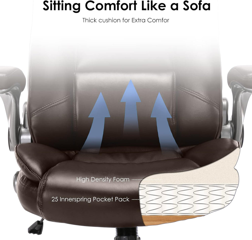 MALOL Leather Executive Office Chair - High Back Home Computer Desk Chair with Padded Flip-up Arms, Adjustable Tilt Lock, Swivel Rolling Ergonomic Chair for Adult Working Study, Brown