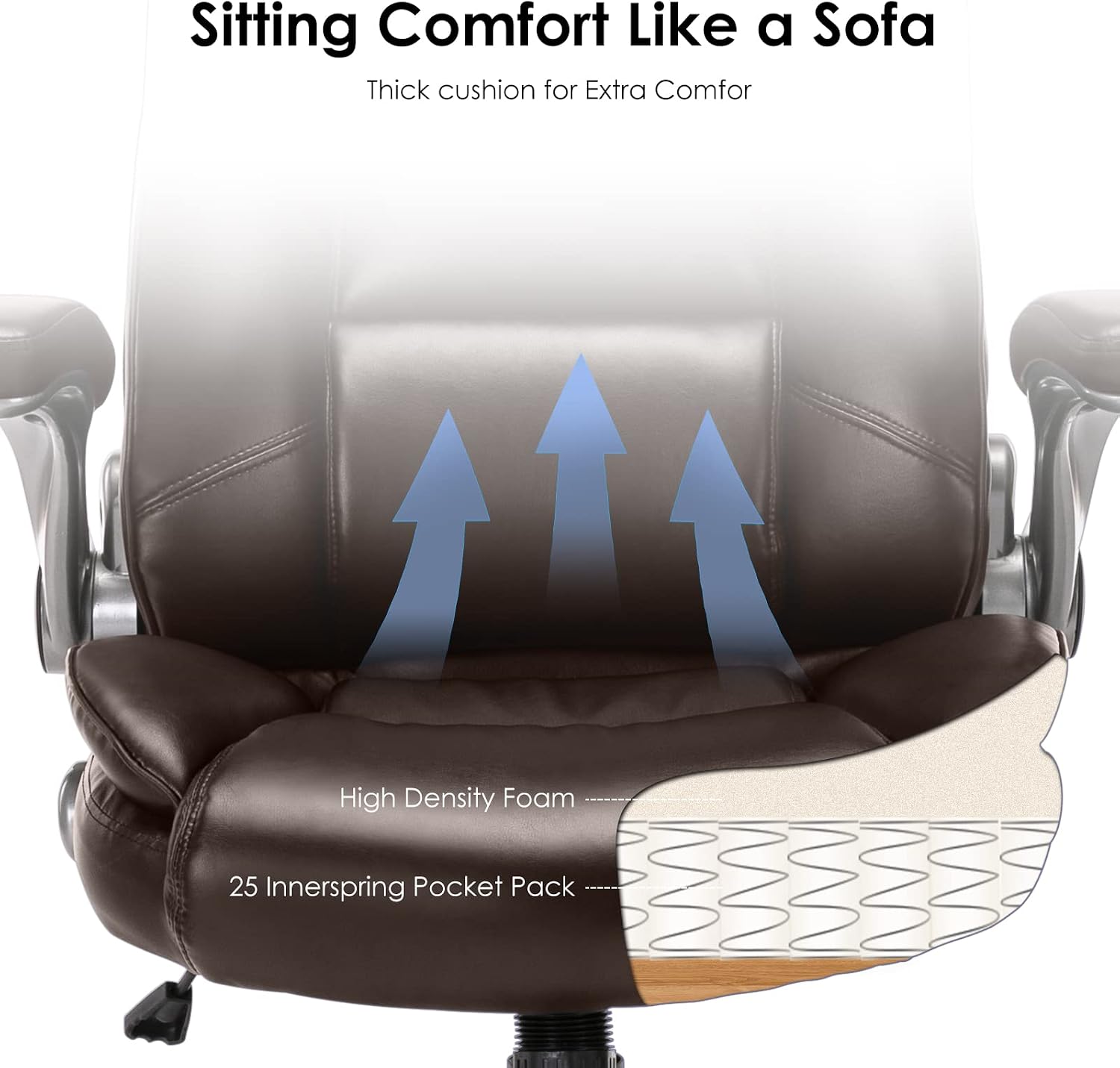MALOL Leather Executive Office Chair - High Back Home Computer Desk Chair with Padded Flip-up Arms, Adjustable Tilt Lock, Swivel Rolling Ergonomic Chair for Adult Working Study, Brown