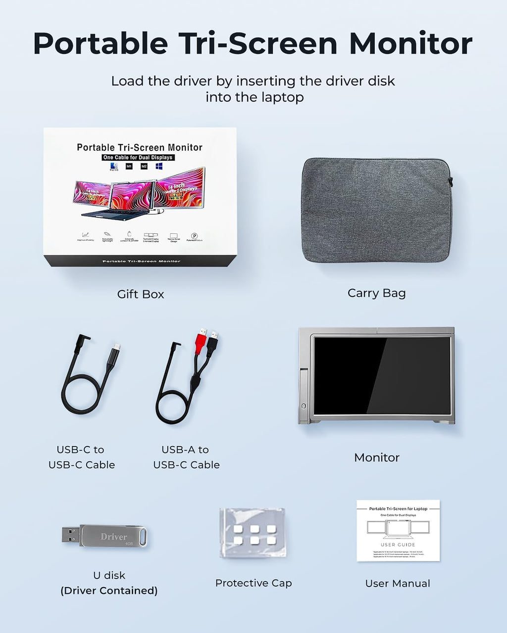 RayCue Triple Laptop Screen Extender,[Only 1 Cable to Connect],14'' FHD 1080P 16:10 USB-C Laptop Screen Extender for Windows MacOS, Plug and Play for 13-17.3'' Type-C/USB-A Laptop
