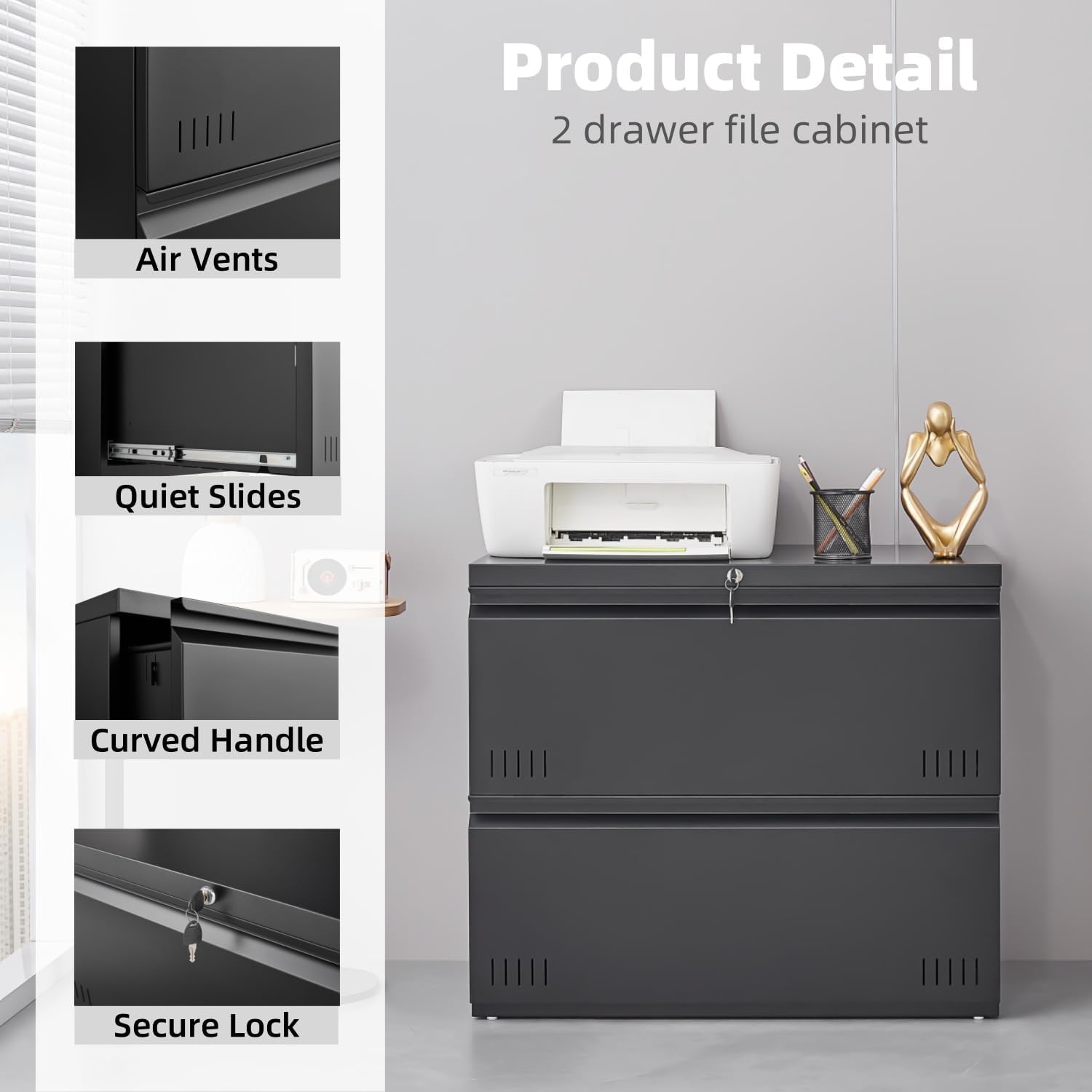 Approgreent 2 Drawer File Cabinet, File Cabinets for Home Office, Printer Stand, File Cabinet with Lock, Lateral Filing Cabinet for A4/Letter/Legal Size File Folders, Assembly Required(Black)