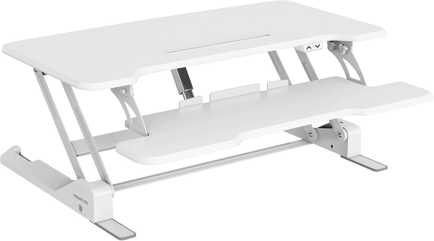 Mount-It! Electric Standing Desk Converter White 38 Inch Wide Tabletop, Stand up Desk Riser, Height Adjustable Sit Stand Desk, Fits Dual Monitors, Keyboard Tray, Device Slot, Monitor & Laptop
