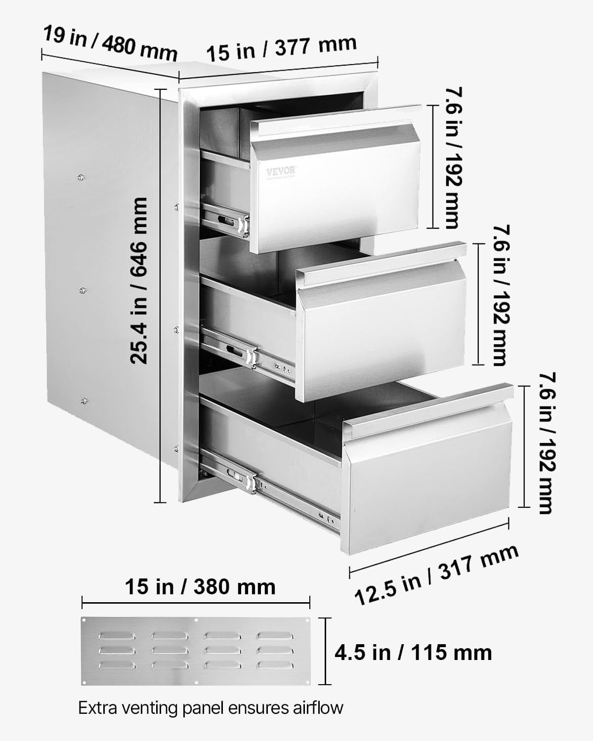 VEVOR Outdoor Kitchen Drawers 14.7' W x 25.4' H x 18.7' D, Box Frame Style Flush Mount BBQ Drawers with Stainless Steel Handle, BBQ Island Drawers for Outdoor Kitchens or Patio Grill Station