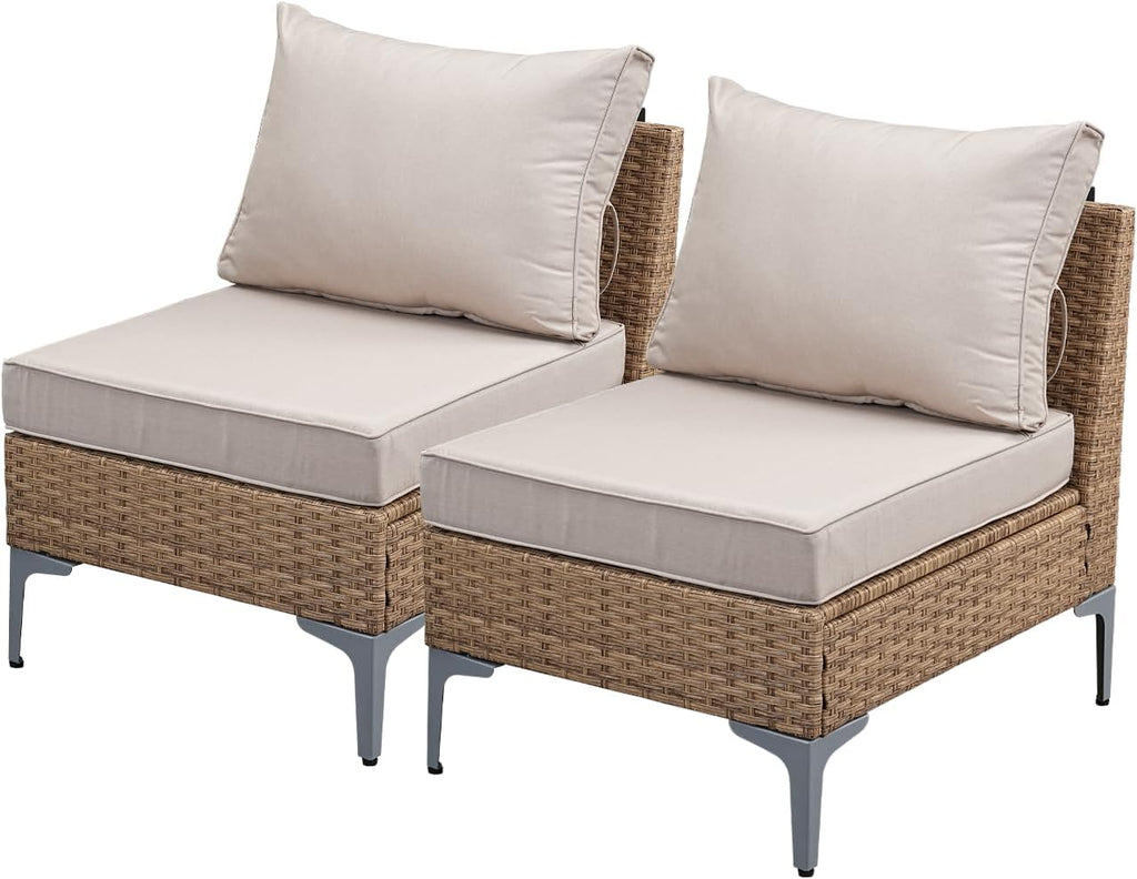2 Piece Patio Furniture Set, Wicker Modular Outdoor Furniture with Thicker Cushions, Outdoor Couch Sofa for Garden, Poolside, Backyard, Beige