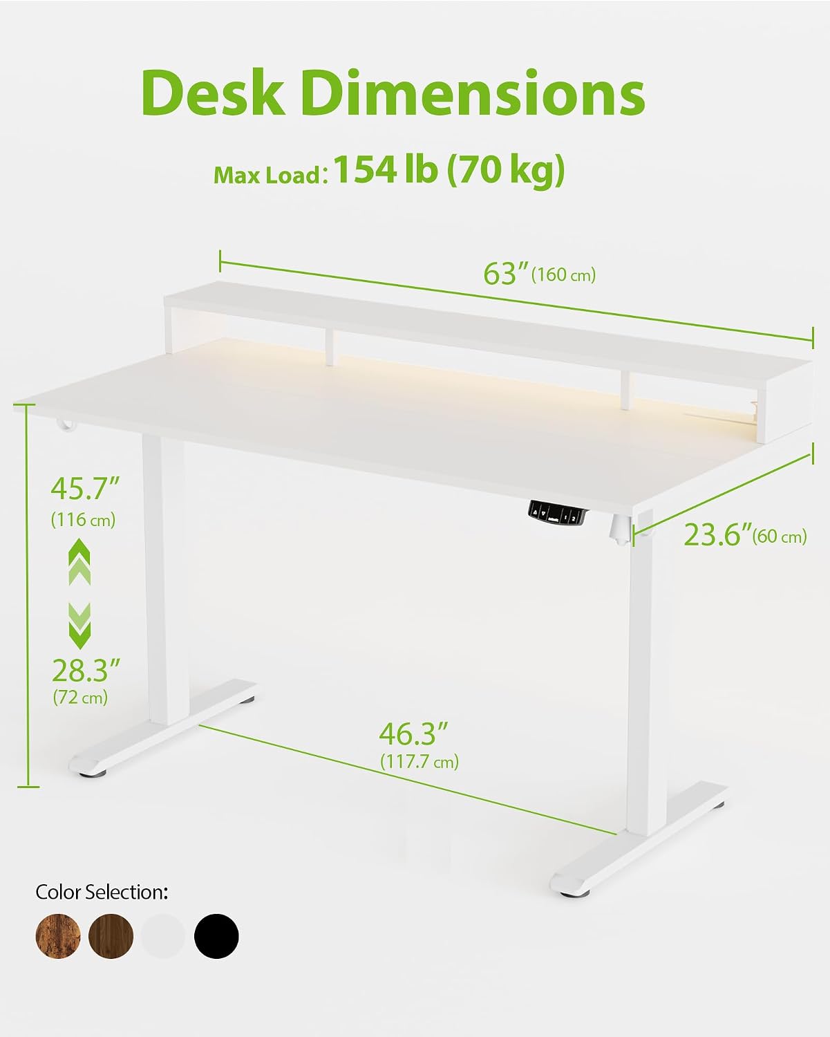 Agilestic 63x24 Inch Electric Standing Desk with Shelf, Height Adjustable Desk with Power Outlets & LED, Sit Stand Up Table with Monitor Stand, Computer Workstation, White
