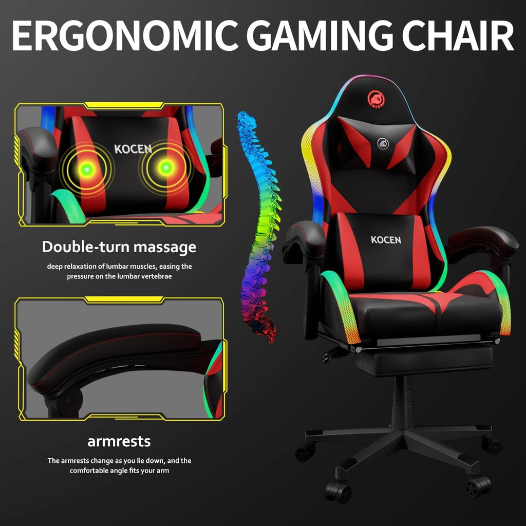 Gaming Chairs for Adults Tall and Kids，Lumbar Support,LED Lights，High Back Reclining Computer Chair with Headrest (Black+Red)