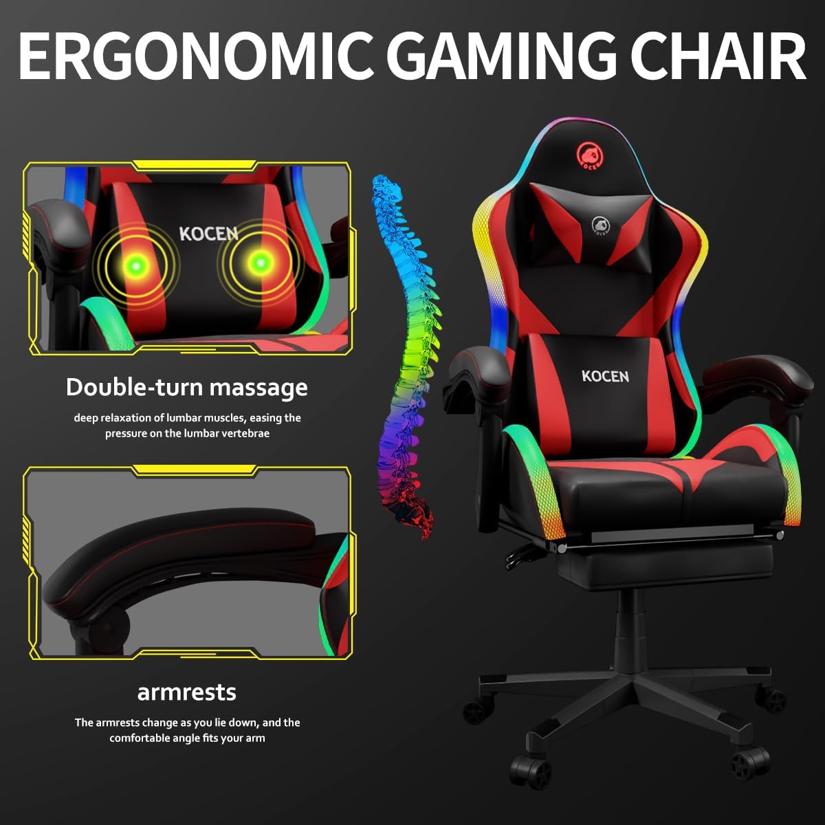 Gaming Chairs for Adults Tall and Kids，Lumbar Support,LED Lights，High Back Reclining Computer Chair with Headrest (Black+Red)