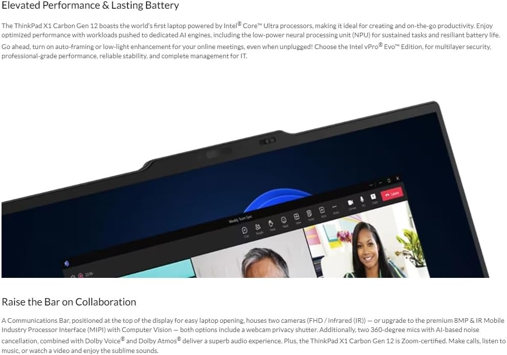 Lenovo Gen 12 ThinkPad X1 Carbon Laptop with Intel Ultra 7 165U vPro Processor, 14' WUXGA 100% sRGB Touchscreen, 32GB 6400MHz RAM, 1TB Gen4 Performance SSD, FHD+ IR+ RGB Camera, and Windows 11 Pro
