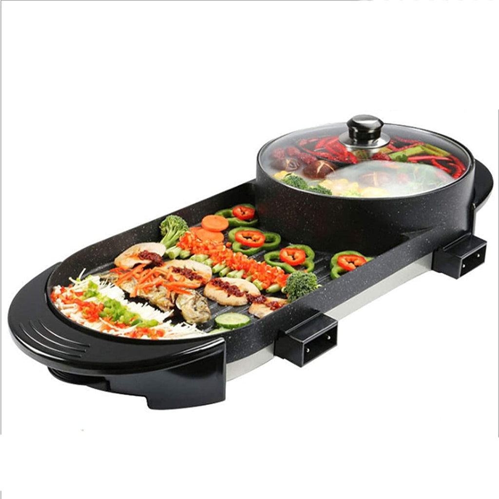 Portable Electric Grill,2 in 1 Electric BBQ Hot Pot Dual Pot,Multifunctional Non-Stick Pan Electric Cooker with 5 Temperature Adjustments