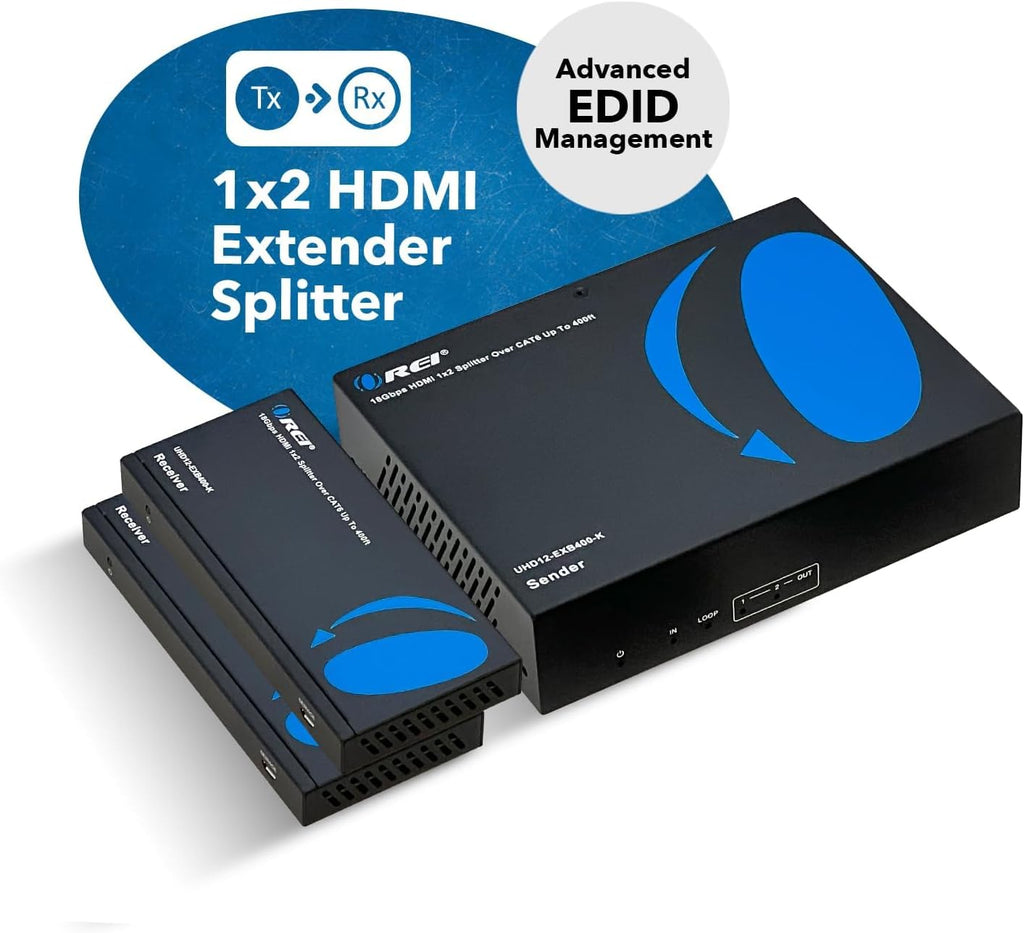OREI 4K 1x2 HDMI Extender Splitter HDBaseT Over Single Cable CAT6/7 4K@60Hz 4:4:4 HDCP 2.2 with IR Remote EDID Management, HDR - Up to 400 Ft - Loop Out - Low Latency - Power Over Cable